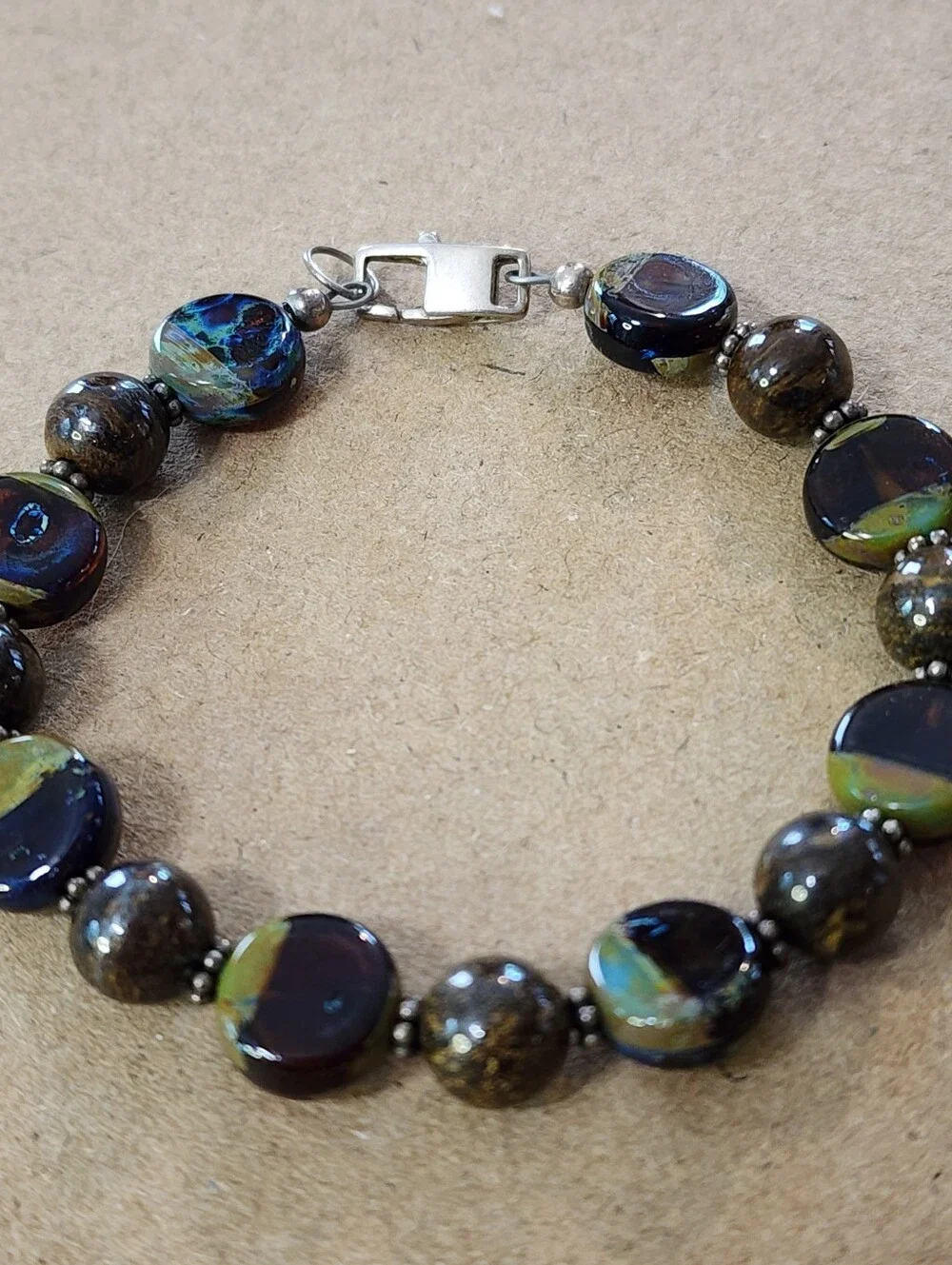 Artisan Handmade Dichroic Glass& Natural Stone Bracelet Sterling Silver 925 6.5